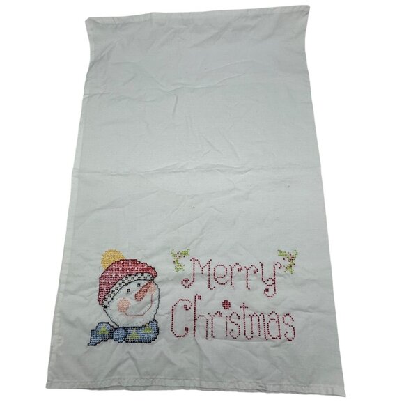 vintage handmade Christmas large pillow case snowman cross stich Merry READ - Picture 1 of 7